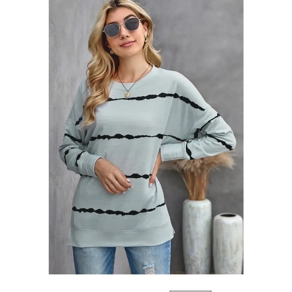 Long Sleeve Crewneck Sweatshirt Striped Printed Pullover, Blue - Picture 2 of 6